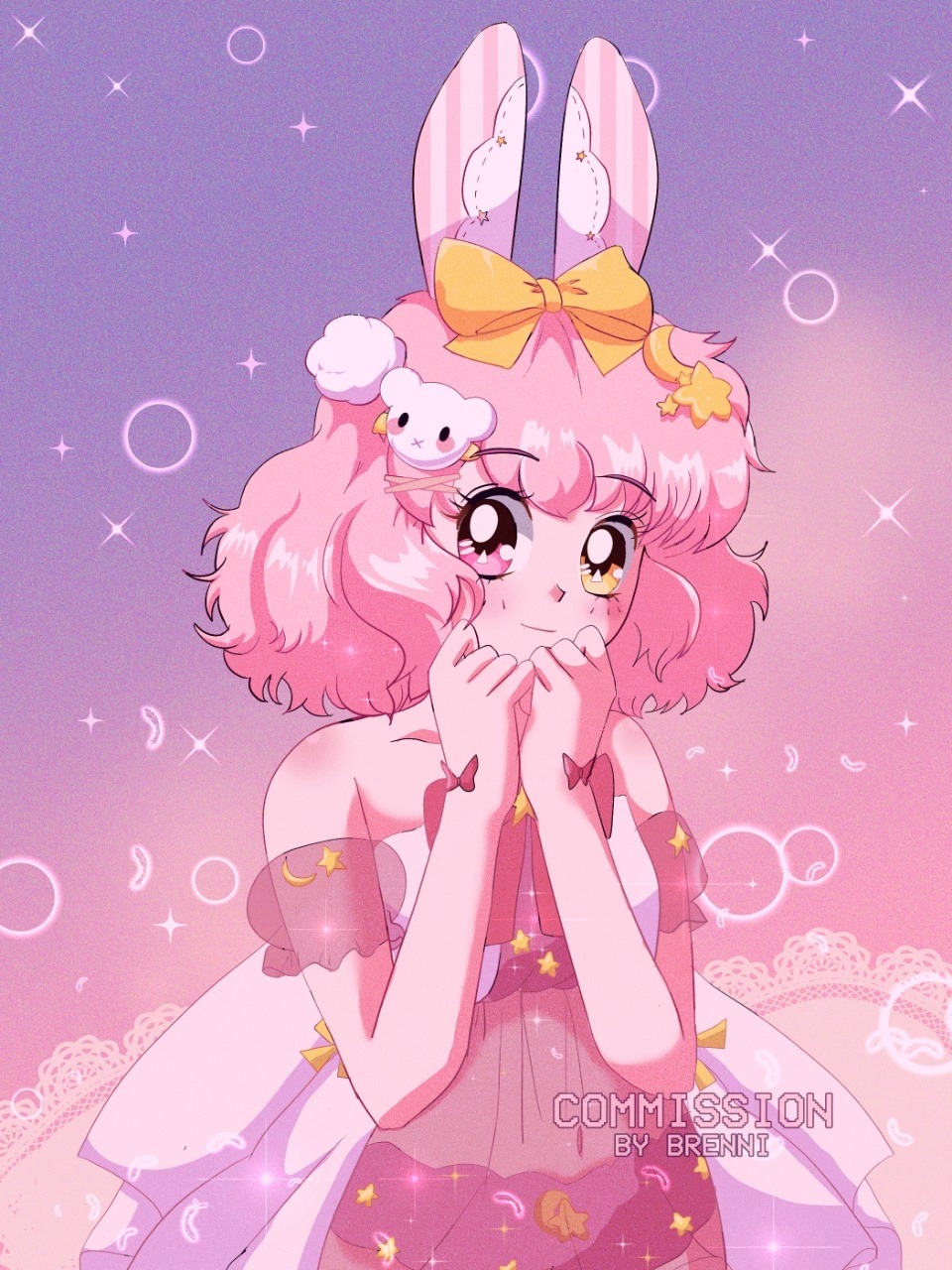 1990s_(style), 1girl, animal_ears, brenni_murasaki, closed_mouth, commission, heterochromia, highres