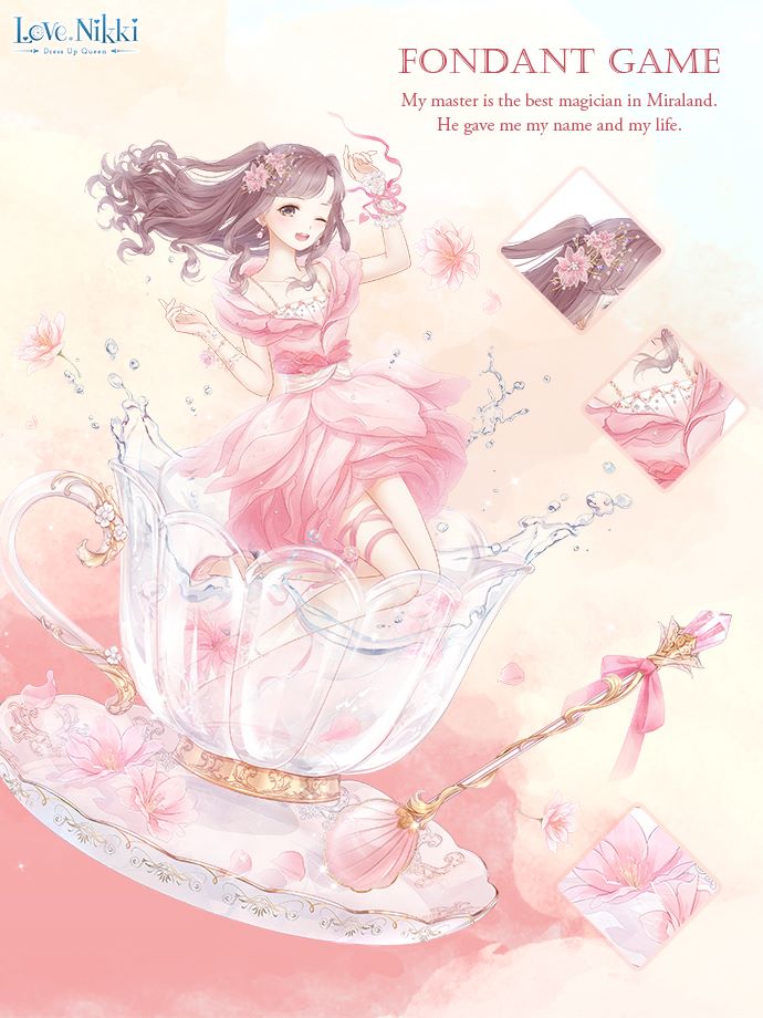 1girl, artist_request, bare_legs, bare_shoulders, bead_bracelet, beads, bracelet, brown_hair, camisole, close-up, collarbone, cup, diamond_(shape), dress, floating, flower, flower_dress, fondant_game_(miracle_nikki), frilled_wrist_cuffs, frills, full_body, hair_flower, hair_ornament, happy, high_heels, in_container, in_cup, jewelry, kuroneko_(pink-rori), lace_wrist_cuffs, leg_ribbon, long_hair, miracle_nikki, multiple_bracelets, nikki_(series), no_socks, off-shoulder_dress, off_shoulder, official_art, one_eye_closed, petals, pink_dress, pink_flower, pink_shoes, ribbon, saucer, shoes, short_dress, short_sleeves, single_wrist_cuff, solo, spaghetti_strap, splashing, swept_bangs, teacup, teaspoon, thigh_ribbon, third-party_source, two_side_up, water, water_drop, wavy_hair, white_camisole, white_wrist_cuffs, wrist_cuffs, wrist_ribbon, yellow_background