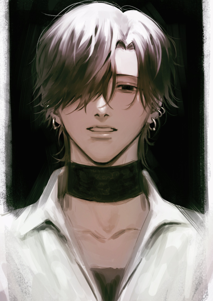 1boy, absurdres, black_choker, black_hair, choker, collared_shirt, commentary, curtained_hair