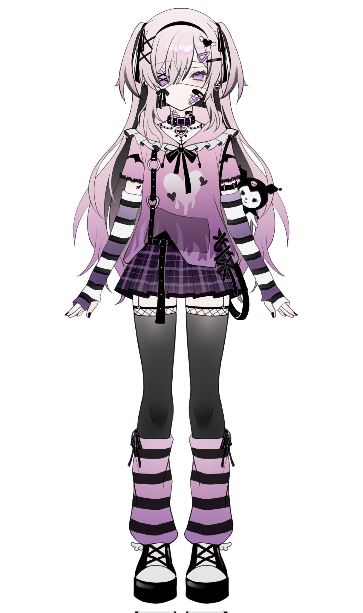 1girl, aegyo_sal, arm_tattoo, arm_warmers, arms_at_sides, bandaid, bandaid_on_cheek, bandaid_on_face, bandaid_on_neck, belt, black_arm_warmers, black_belt, black_bow, black_bowtie, black_collar, black_hair, black_hairband, black_nails, black_ribbon, black_shoes, black_thighhighs, black_trim, black_wings, bow, bowtie, closed_mouth, collar, collarbone, colored_inner_hair, commentary, cross-laced_clothes, cross-laced_hoodie, cross-laced_top, demon_wings, dot_nose, expressionless, eyepatch, fishnet_thighhighs, fishnets, frilled_hood, frills, full_body, garter_straps, gauze, gauze_on_cheek, gauze_on_neck, hair_ornament, hair_over_one_eye, hair_ribbon, hairband, hairclip, heart, heart_eyepatch, heart_hair_ornament, heart_print, heart_tattoo, highres, hood, hoodie, kneehighs, kuromi, long_hair, loose_socks, low_wings, mini_wings, miniskirt, mole, mole_under_eye, multicolored_hair, my_melody_(series), nail_polish, one_eye_covered, onegai_my_melody, original, pale_skin, pink_hair, pink_hoodie, plaid_clothes, plaid_skirt, platform_shoes, pleated_skirt, purple_arm_warmers, purple_skirt, raised_eyebrows, ribbon, ribbon-trimmed_socks, ribbon_trim, sanrio, shoelaces, shoes, short_sleeves, sidelocks, simple_background, skirt, socks, solo, standing, straight-on, streaked_hair, striped_arm_warmers, studded_belt, studded_collar, tattoo, thigh-highs, touyu_1210, tsurime, two-tone_hair, two_side_up, very_long_hair, violet_eyes, white_arm_warmers, white_background, white_wings, wings, x_hair_ornament, zettai_ryouiki