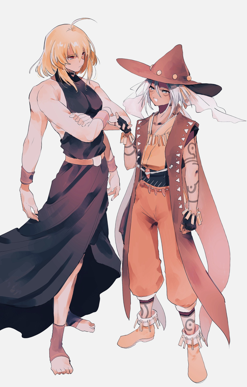 2boys, absurdres, ahoge, arm_tattoo, belt, belt_buckle, black_gloves, black_robe, blonde_hair, blue_eyes, boots, bracelet, brown_belt, brown_boots, brown_hat, buckle, claus_f._lester, closed_mouth, crossed_arms, extra_ears, facial_mark, fingerless_gloves, full_body, gloves, grey_hair, hair_between_eyes, hat, highres, jewelry, long_hair, looking_at_another, male_focus, multiple_boys, nancykittyu, necklace, open_mouth, orange_pants, origin_(tales), pants, ponytail, red_eyes, robe, simple_background, sleeveless_robe, smile, tales_of_(series), tales_of_phantasia, tattoo, white_background, wristband