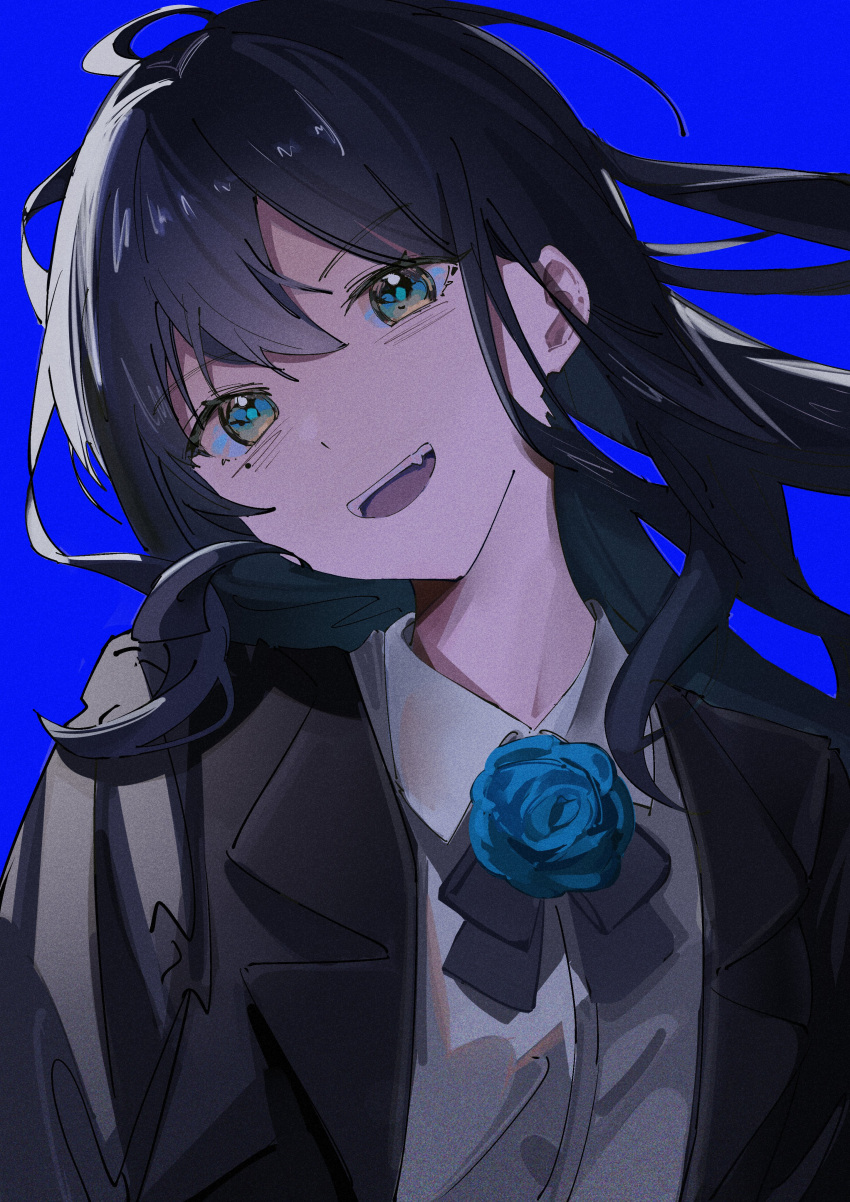 1girl, absurdres, ado_(utaite), black_jacket, blue_background, blue_bow, blue_bowtie, blue_eyes