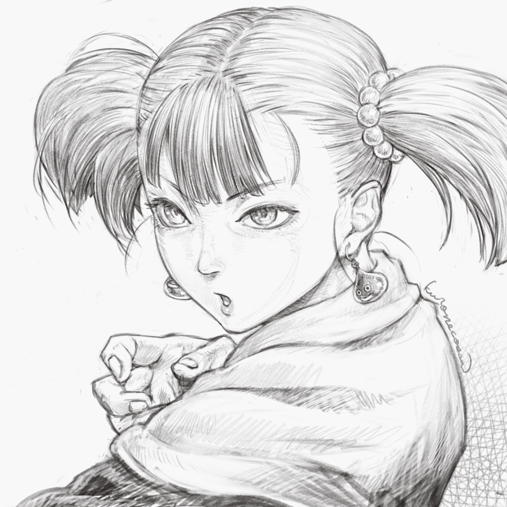 1girl, commentary_request, crosshatching, dragon_quest, dragon_quest_iii, earrings, greyscale, hatching_(texture)