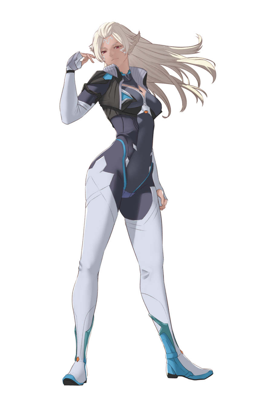 1girl, blonde_hair, bodysuit, breasts, dark-skinned_female, dark_skin, elbow_gloves, facial_mark, fingerless_gloves, full_body, gloves, hand_up, highres, long_hair, looking_at_viewer, medium_breasts, neilnail_(xenoblade), pointy_ears, pomelomelon, red_eyes, smile, solo, standing, white_background, xenoblade_chronicles_(series), xenoblade_chronicles_x