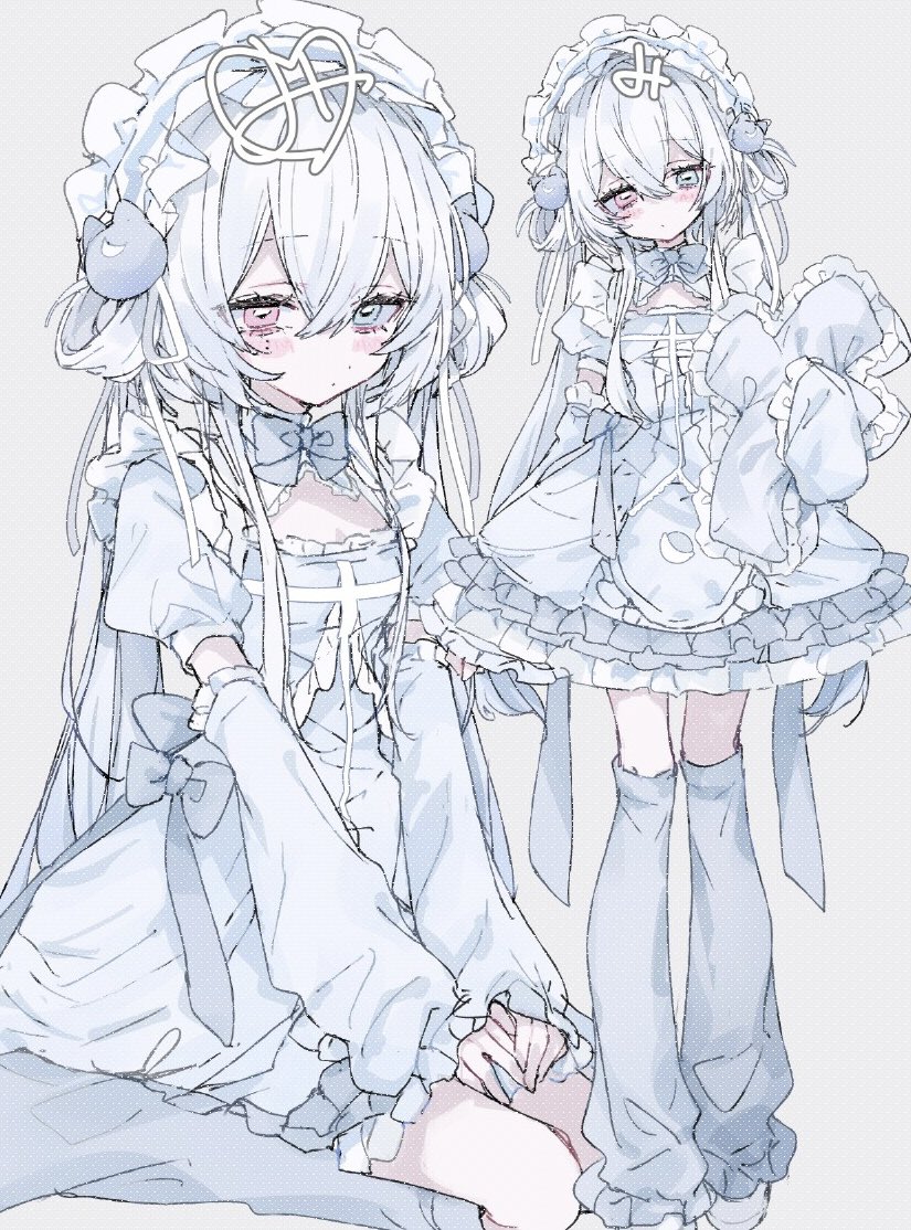 1girl, blue_bow, blue_dress, blue_leg_warmers, blush, bow, cleavage_cutout, closed_mouth
