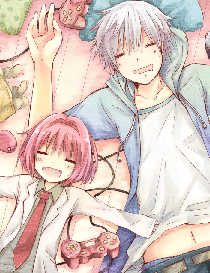 1boy, 1girl, beelzebub_(manga), closed_eyes, controller, cranio, cranio78945, drooling