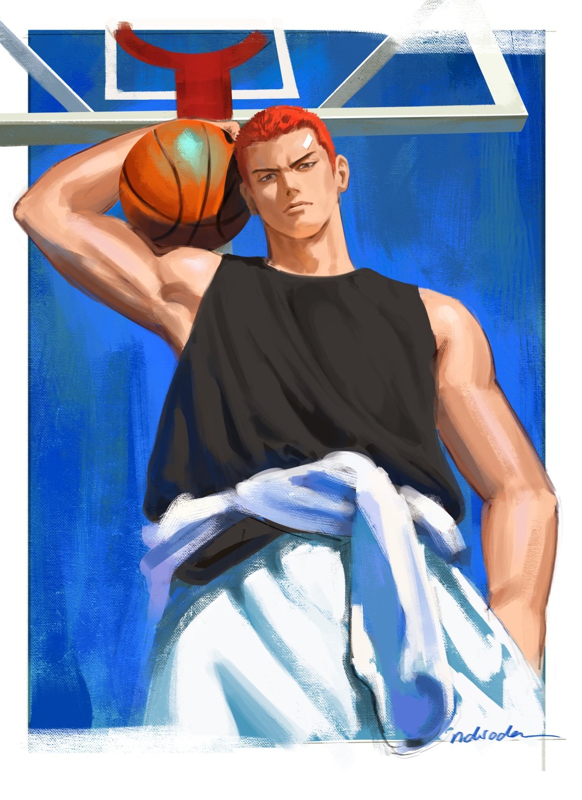 1boy, arm_up, artist_name, ball, bandaid, bandaid_on_face, bandaid_on_forehead, basketball_(object)