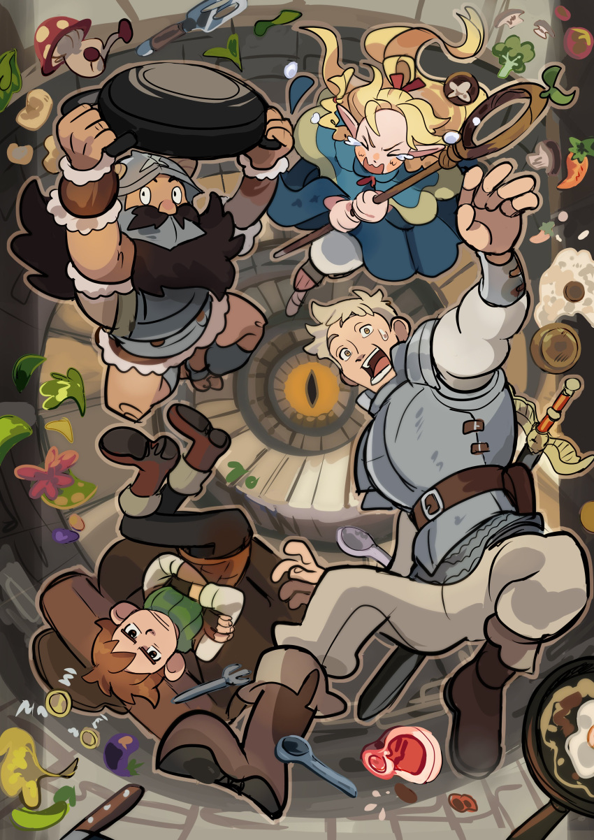 1girl, 3boys, absurdres, alos_(alosrovolo), armor, beard, black_pants, blonde_hair