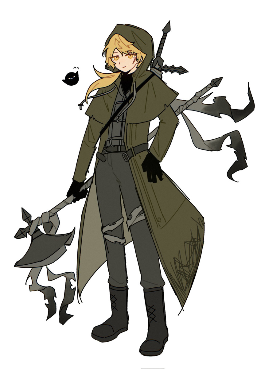 1boy, a_certain_sinclair_(project_moon), arms_at_sides, bandaged_leg, bandaged_weapon, bandages, belt, bird