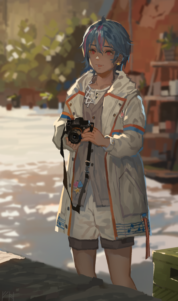 1girl, bebe_(infinity_nikki), blue_hair, buttons, camera, closed_mouth, coat, collared_coat