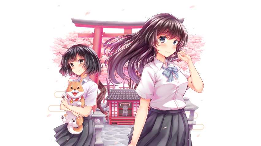 1girl, 2girls, absurdres, animal, black_eyes, black_hair, blush, breasts
