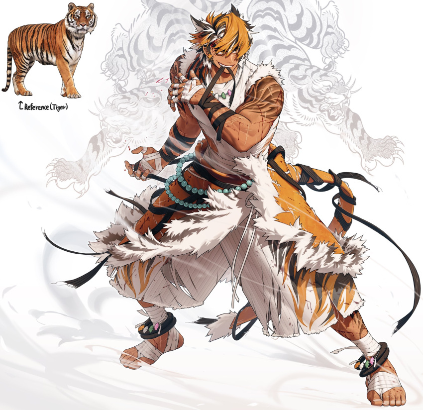 1boy, animal, anklet, bandage_in_mouth, bandaged_arm, bandaged_foot, bandaged_hand, bandages