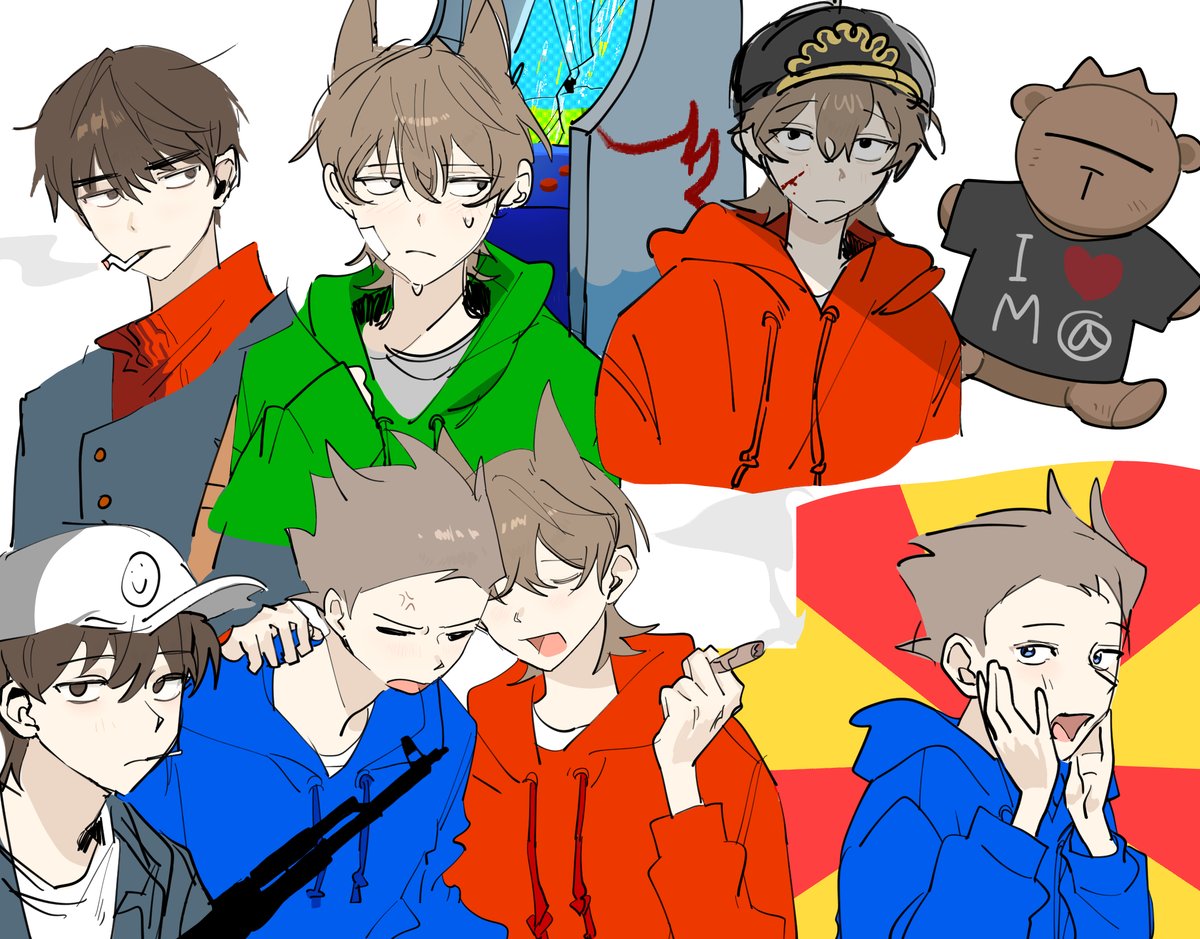 4boys, anger_vein, animification, annoyed, arcade_cabinet, bad_id, bad_twitter_id, bandage_on_cheek, baseball_cap, blood, blood_on_face, blue_coat, blue_eyes, borrowed_clothes, brown_eyes, brown_hair, cigar, cigarette, closed_eyes, clothes_writing, coat, combat_helmet, commentary, cosplay, drawstring, edd_(eddsworld), edd_(eddsworld)_(cosplay), eddsworld, flipped_hair, fun_dead_kid_(eddsworld), green_hoodie, grey_eyes, grey_shirt, gun, hair_ears, hand_on_another's_shoulder, hashtag-only_commentary, hat, helmet, holding, holding_cigar, holding_gun, holding_weapon, hollow_eyes, hood, hood_down, hoodie, implied_yaoi, jacket, jitome, kupot, long_sleeves, looking_at_viewer, looking_to_the_side, male_focus, matt_(eddsworld), matt_(eddsworld)_(cosplay), multiple_boys, multiple_views, official_alternate_eye_color, open_clothes, open_jacket, open_mouth, oversized_clothes, paul_(eddsworld), pickelhaube, red_army_logo_(eddsworld), red_hoodie, red_sweater, shirt, simple_background, sketch, sleeves_past_wrists, smoking, spiky_hair, stuffed_animal, stuffed_toy, sweat, sweater, teddy_bear, thick_eyebrows, tom_(eddsworld), tomee_bear_(eddsworld), tord_(eddsworld), turtleneck, turtleneck_sweater, weapon, white_background, white_hat, white_shirt