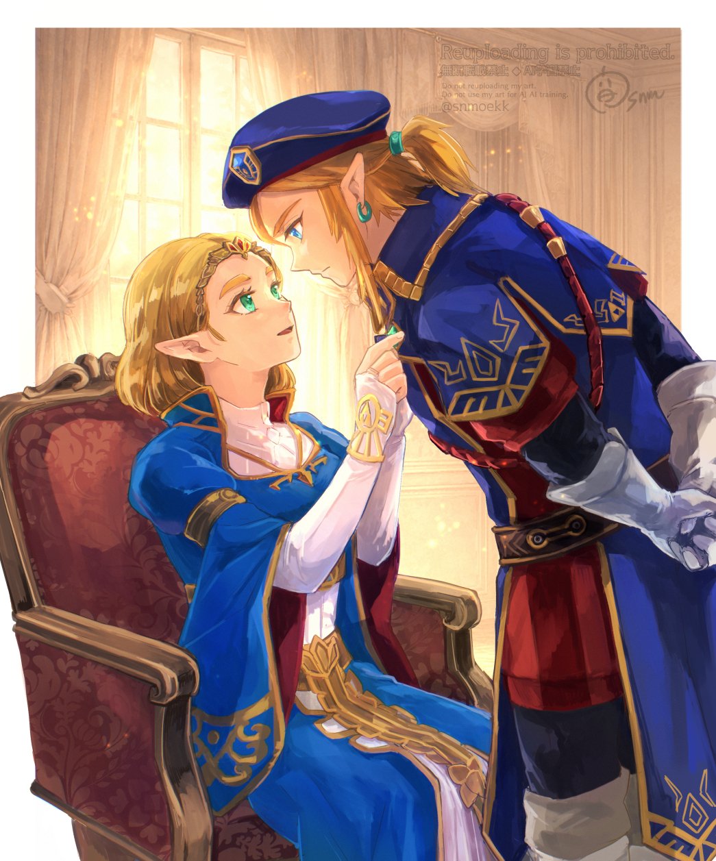 1boy, 1girl, adjusting_another's_clothes, aqua_eyes, arms_behind_back, beret, black_pants, blue_dress