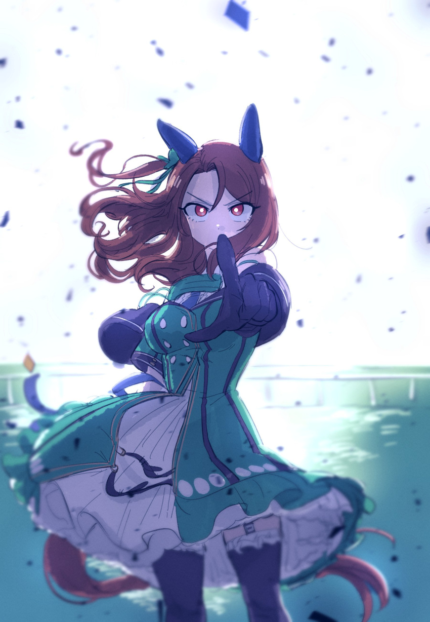 1girl, absurdres, animal_ears, black_gloves, black_thighhighs, brown_hair, dress, ear_covers