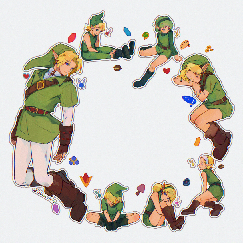 3girls, 4boys, absurdres, blonde_hair, boots, brown_boots, circle_formation, dual_persona