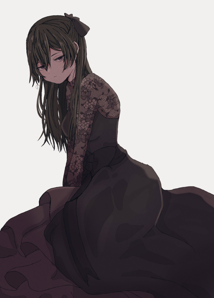 1girl, black_dress, black_ribbon, breasts, closed_mouth, dress, green_hair, hair_between_eyes