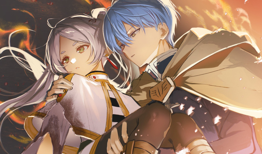 1boy, 1girl, black_pantyhose, blue_hair, blue_jacket, boots, brown_boots, capelet