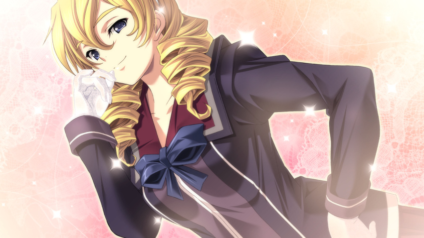 1girl, arm_up, blonde_hair, blue_eyes, breasts, curly_hair, dutch_angle, game_cg
