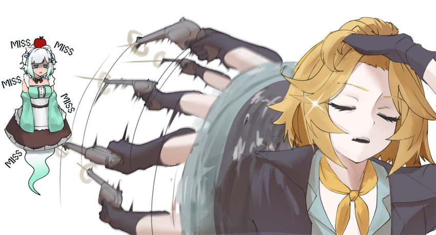 apple_on_head, blonde_hair, blush, bow, detached_sleeves, dokibird, dokibird_(bounty_hunter), dress, firing, ghost_tail, gradient_hair, green_hair, gun, h000000mpa, hair_bow, hair_ornament, highres, indie_virtual_youtuber, jacket, maid_headdress, meme, mint_fantome, multicolored_hair, naoya_hitting_choso_without_looking_(meme), open_mouth, revolver, short_hair, triangular_headpiece, virtual_youtuber, weapon, white_background, white_hair, x_hair_ornament