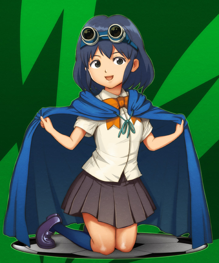 blue_hair, cape, flick_(artist), goggles, inazuma_eleven, inazuma_eleven_(series), open_mouth, otonashi_haruna, school_uniform, short_hair, skirt
