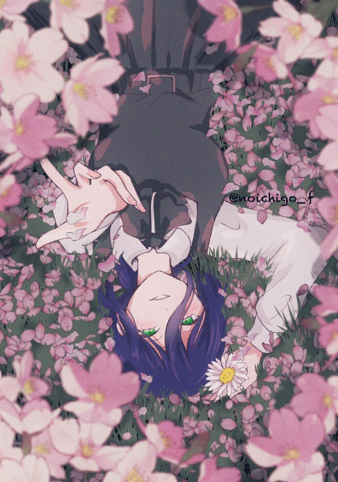 1girl, black_dress, black_ribbon, breasts, chainsaw_man, cherry_blossoms, collared_shirt, cowboy_shot