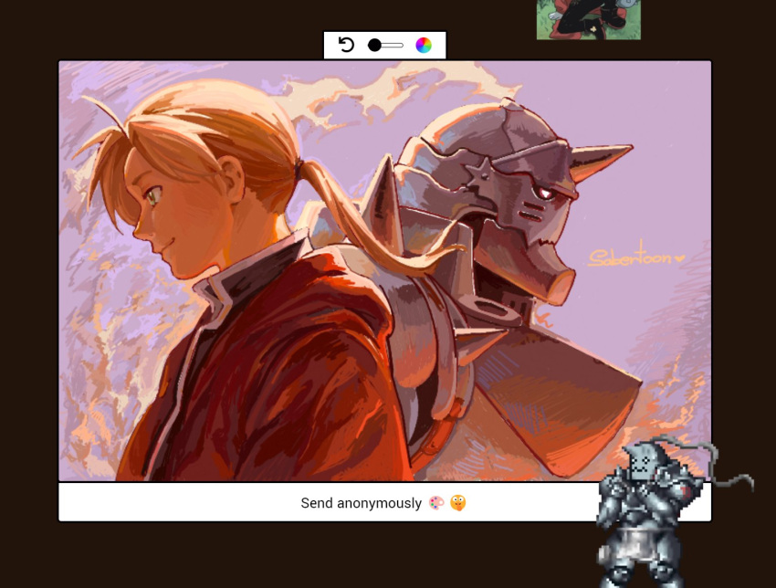 2boys, alphonse_elric, armor, artist_name, blonde_hair, brothers, closed_mouth, commentary