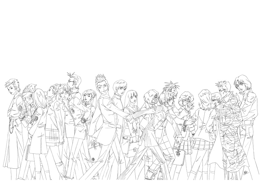 6+boys, 6+girls, absurdres, akanezawa_reiko, artist_name, ayase_yuka, blowing_bubble_gum, briefcase