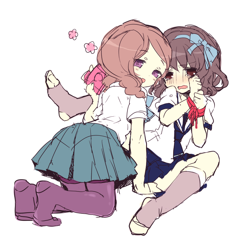 blush, bondage, braid, brown_eyes, brown_hair, camera, chiku-wa, crossdressinging, femdom, hair_ribbon, inazuma_eleven, inazuma_eleven_(series), inazuma_eleven_go, long_hair, moriyama_shijimi, open_mouth, pantyhose, purple_eyes, ribbon, school_uniform, shindou_takuto, short_hair, tears, trap, twin_braids, violet_eyes, wavy_mouth, white_background, yamana_akane