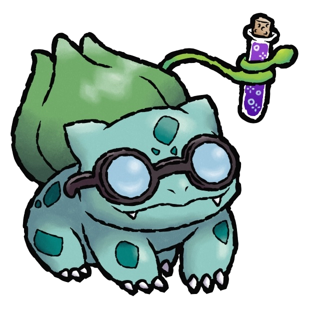 animal_focus, black-framed_eyewear, bud, bulbasaur, closed_mouth, commentary, commission, english_commentary