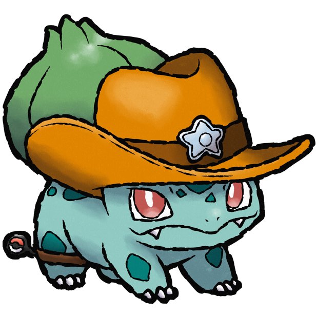 animal_focus, bright_pupils, brown_hat, bud, bulbasaur, closed_mouth, clothed_pokemon, commentary