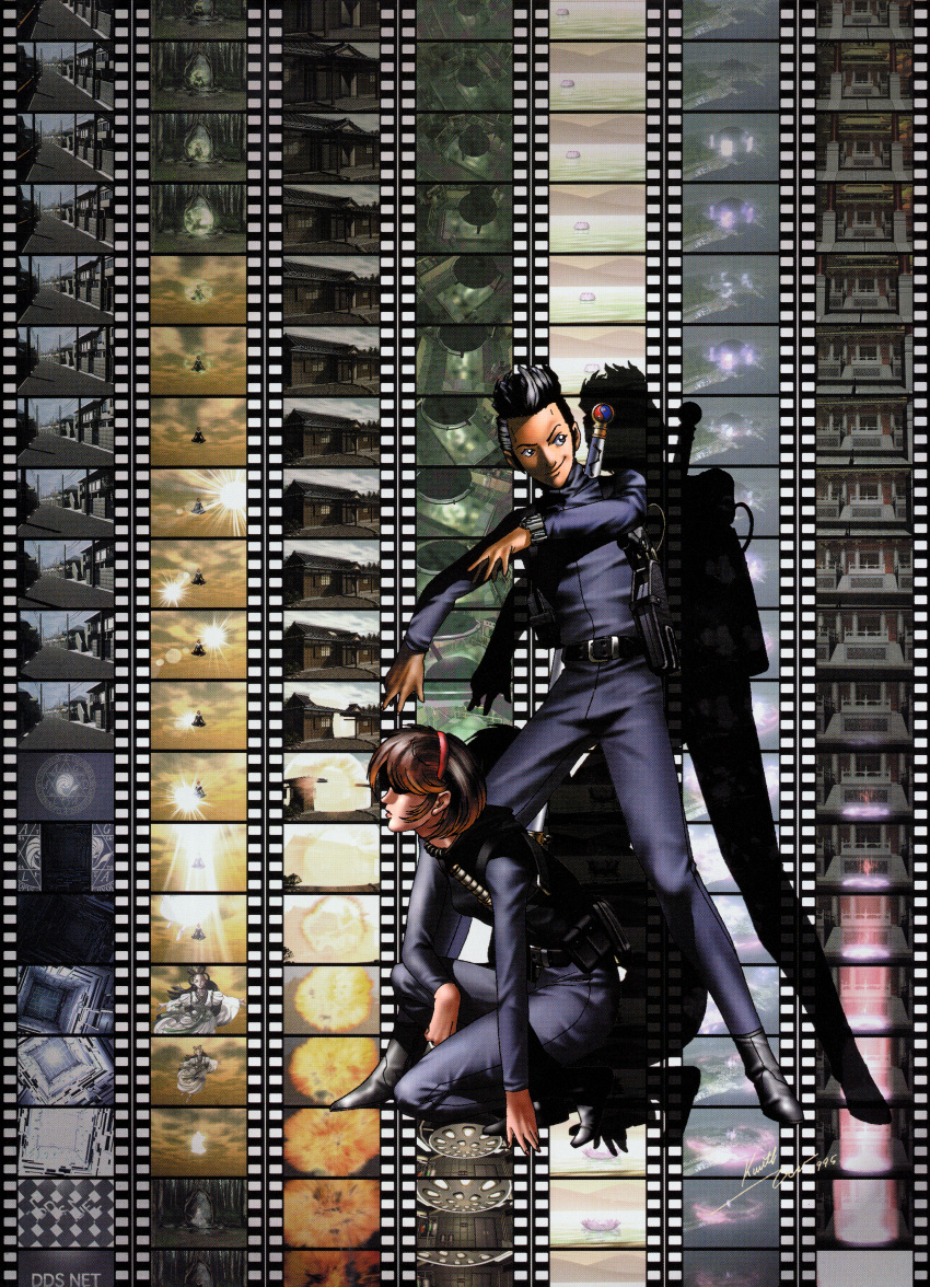 1boy, 1girl, absurdres, artist_name, belt, belt_pouch, black_belt, black_bodysuit