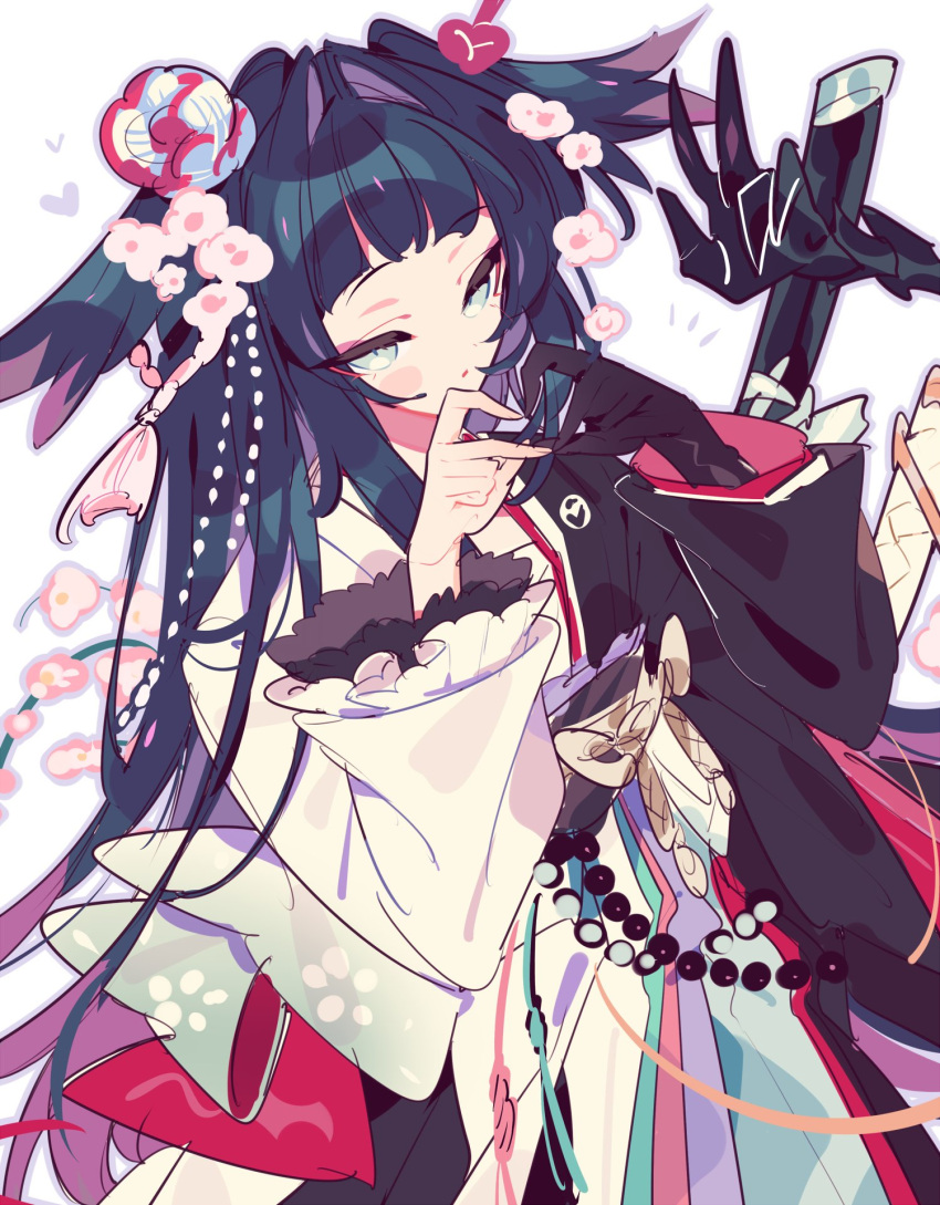 1girl, :o, arknights, black_gloves, black_hair, black_kimono, blue_eyes, blush_stickers