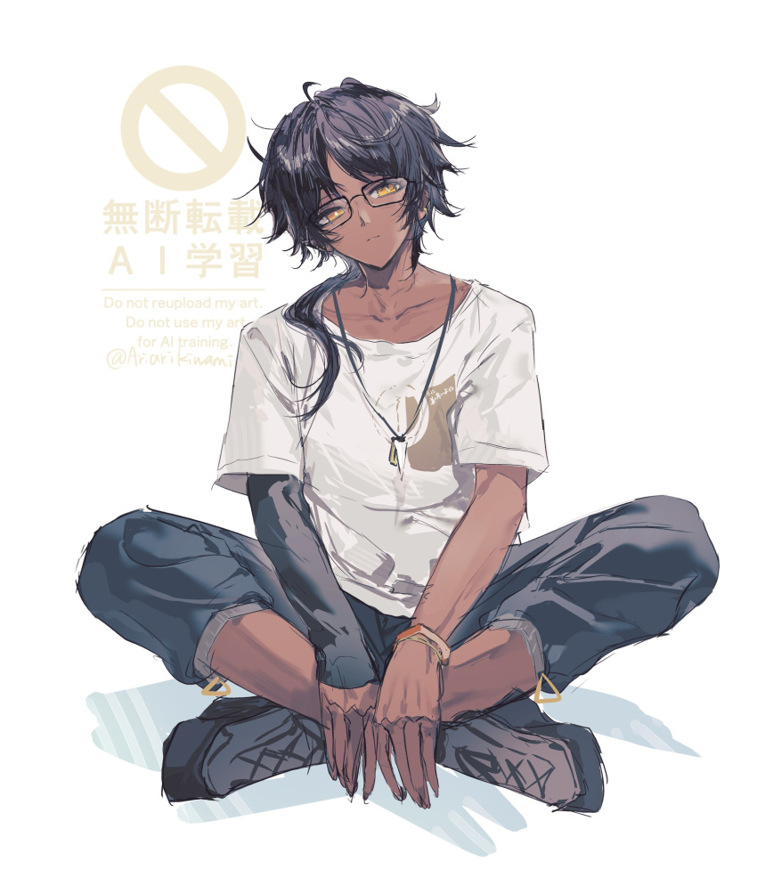 1boy, absurdres, arichi_(ariarikiwami), arknights, asymmetrical_sleeves, black_hair, black_pants, black_shoes, bracelet, closed_mouth, collarbone, commentary, dark-skinned_male, dark_skin, expressionless, full_body, glasses, head_tilt, highres, jewelry, layered_sleeves, long_hair, looking_at_viewer, male_focus, necklace, official_alternate_costume, orange_eyes, pants, parted_bangs, ponytail, print_shirt, shirt, shoes, short_sleeves, simple_background, sitting, solo, thorns_(arknights), thorns_(comodo)_(arknights), watermark, white_background, white_shirt, yellow_eyes