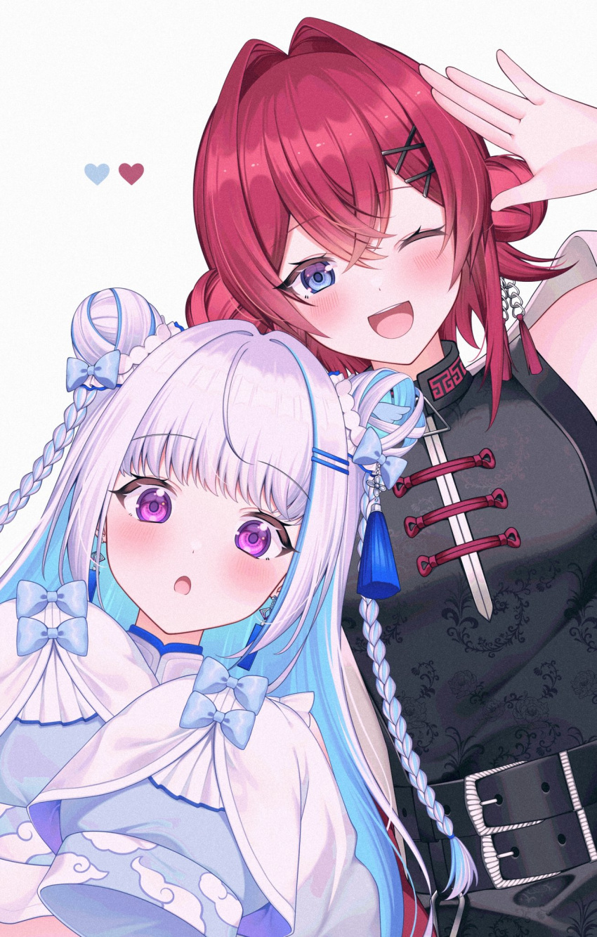 2girls, :d, :o, ange_katrina, ange_katrina_(china_dress), arm_up, belt, black_belt, black_dress, blue_bow, blue_eyes, blue_hair, blush, bow, braid, china_dress, chinese_clothes, colored_inner_hair, commentary, crossed_bangs, double_bun, dress, futaba_nanami, hair_between_eyes, hair_bow, hair_bun, hair_intakes, hair_ornament, hairpin, hands_up, highres, lize_helesta, lize_helesta_(11th_costume), long_hair, looking_at_viewer, multicolored_hair, multiple_belts, multiple_girls, multiple_hairpins, nijisanji, one_eye_closed, pankou, red_hair, shirt, simple_background, sleeves_past_fingers, sleeves_past_wrists, smile, streaked_hair, symbol-only_commentary, tassel, tassel_hair_ornament, twin_braids, two-tone_hair, violet_eyes, virtual_youtuber, waving, white_background, white_hair, white_shirt, x_hair_ornament
