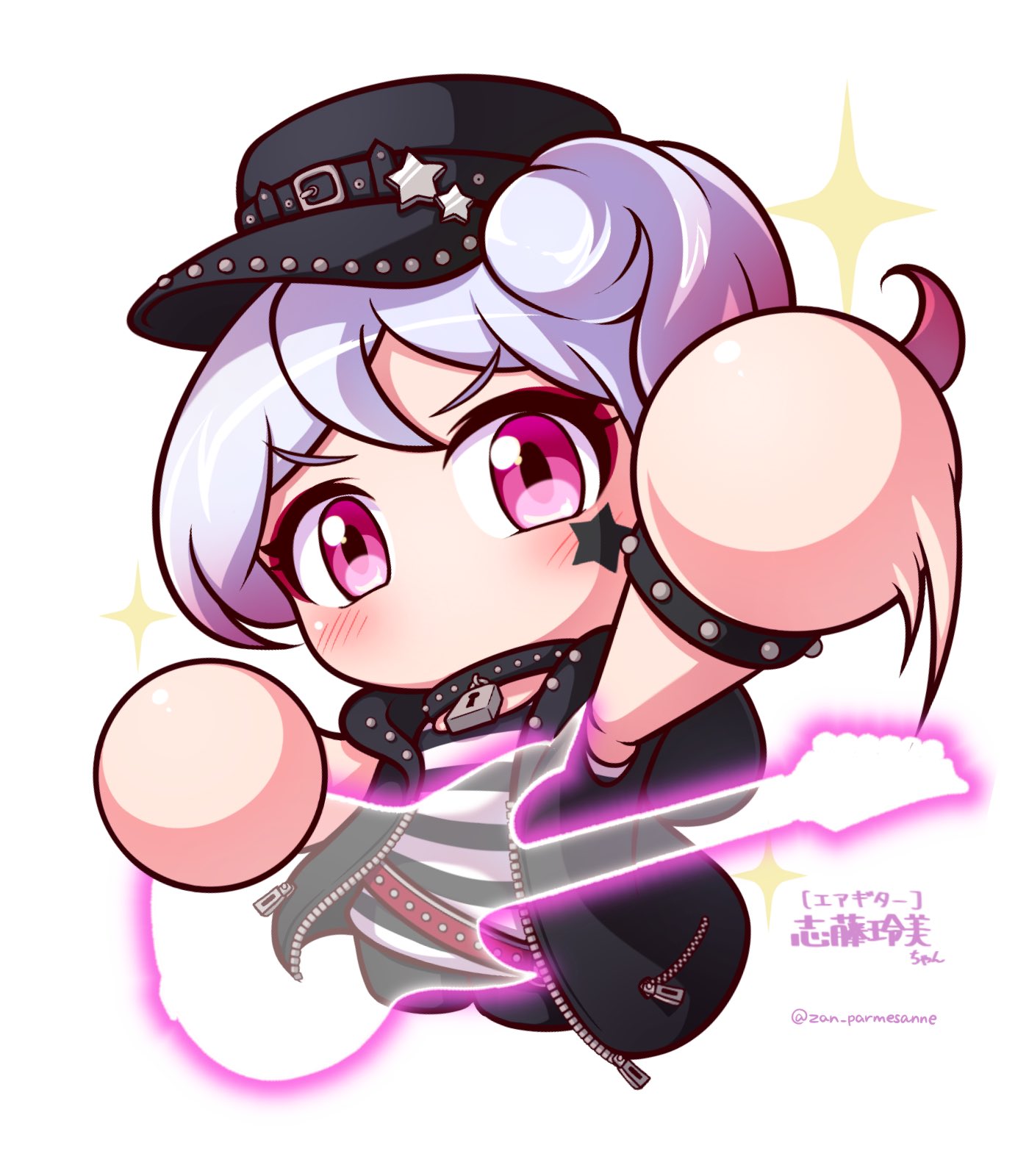 1girl, air_guitar, black_hat, black_jacket, facial_tattoo, gradient_hair, hat, hat_ornament