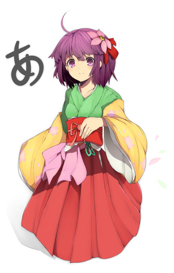 ahoge, bad_id, blush, flower, hair_flower, hair_ornament, hieda_no_akyuu, japanese_clothes