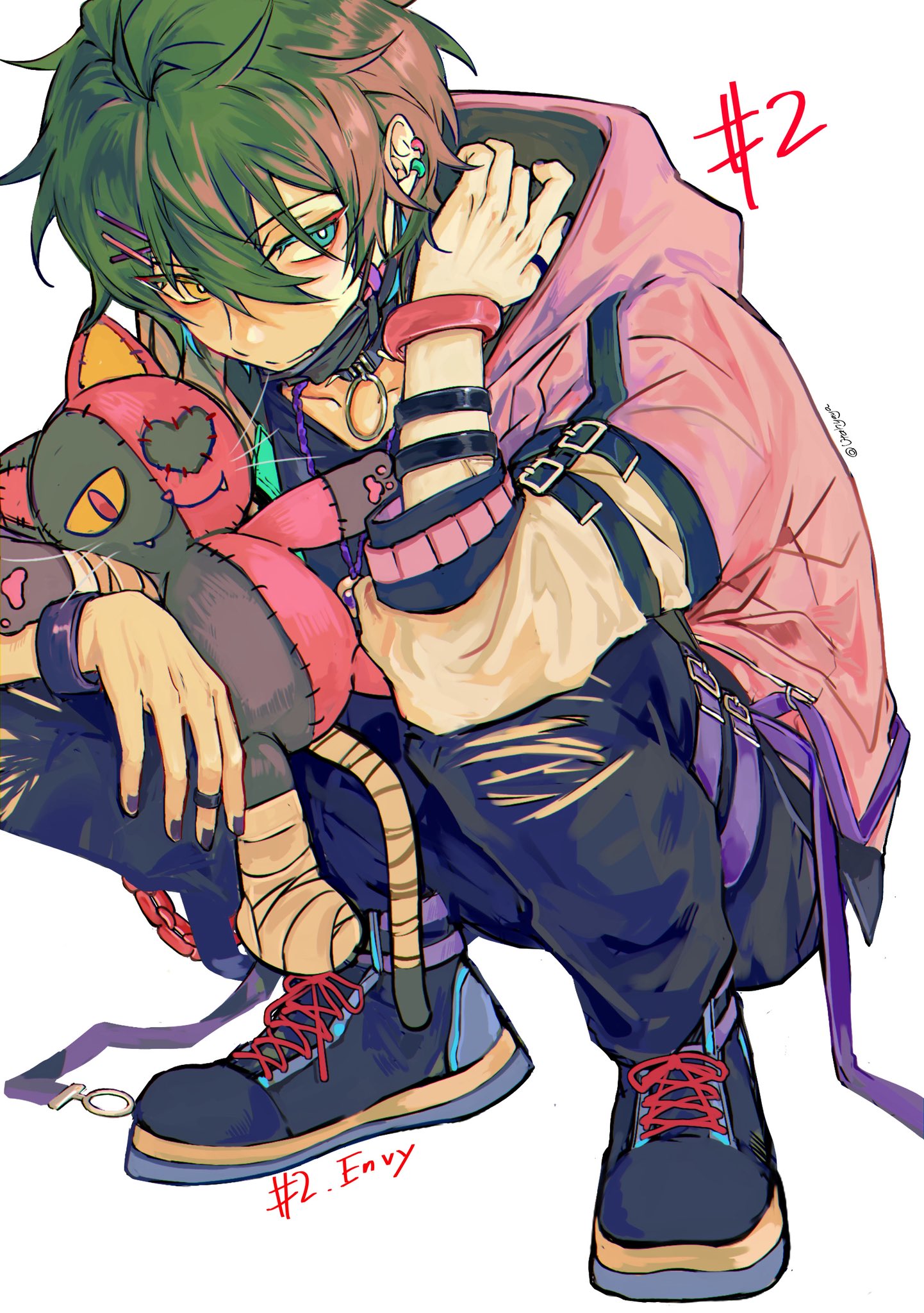 1boy, aqua_eyes, belt_buckle, black_nails, bracelet, bright_pupils, buckle, closed_mouth