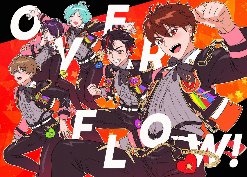 5boys, ahoge, baldstorm, belt, belt_buckle, black_bow, black_bowtie, black_hair, black_pants, blonde_hair, blue_hair, bow, bowtie, brown_hair, buckle, chain, clenched_hand, clenched_teeth, collared_shirt, double-parted_bangs, ensemble_stars!, facing_viewer, grey_shirt, hair_between_eyes, hair_over_one_eye, hand_up, hashtag-only_commentary, heart, highres, jacket, jewelry, layered_clothes, long_sleeves, looking_at_viewer, male_focus, morisawa_chiaki, multicolored_hair, multiple_boys, nagumo_tetora, official_alternate_costume, one_eye_covered, open_clothes, open_hands, open_jacket, open_mouth, outstretched_arms, overflow!_(ensemble_stars!), pants, purple_hair, red_eyes, red_hair, ring, ryuseitai_(ensemble_stars!), sengoku_shinobu, shinkai_kanata, shirt, short_hair, smile, star_(symbol), streaked_hair, takamine_midori, teeth, two-tone_hair, upper_teeth_only, white_belt, yellow_eyes