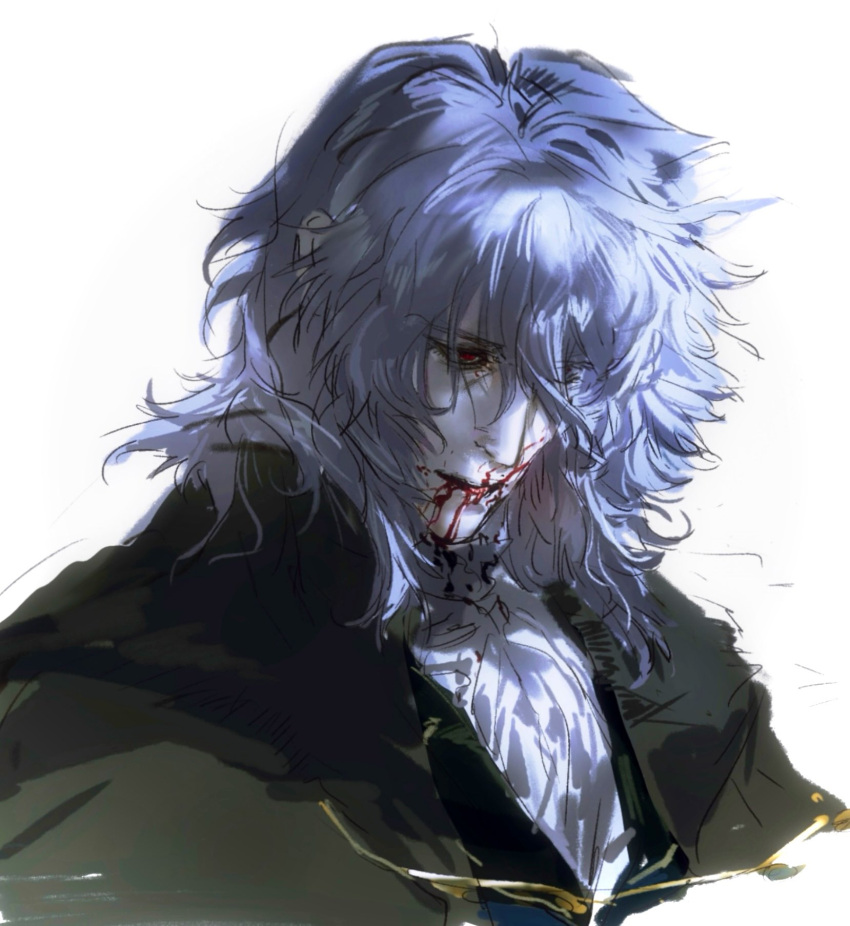 1boy, ascot, blood, blood_from_mouth, blood_on_face, brown_coat, coat, commentary, expressionless, formal_clothes, fur_coat, gio_dwinter, gold_trim, highres, looking_down, male_focus, medium_hair, messy_hair, partially_shaded_face, red_eyes, tsukihime, tsukihime_(remake), vampire, vlov_arkhangel, white_background