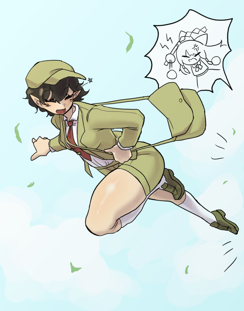 1girl, absurdres, afterimage, anger_vein, angry, bag, black_hair, blue_background, bow, brown_shoes, bulletcamera, chibi, chibi_only, closed_eyes, commentary, falling_feathers, fang, feathers, feet_out_of_frame, fleeing, floating_bag, green_bag, green_hair, green_jacket, green_shorts, hair_bow, hakurei_reimu, highres, jacket, lightning_bolt_symbol, long_hair, long_sleeves, messy_hair, motion_lines, necktie, open_mouth, pointy_ears, red_necktie, shameimaru_aya, shameimaru_aya_(newsboy), shirt, shoes, short_hair, shorts, shoulder_bag, shout_lines, smile, socks, solo, speech_bubble, spoken_character, star_(symbol), swept_bangs, swinging_gohei, thick_thighs, thighs, touhou, v-shaped_eyebrows, vignetting, white_shirt, white_socks