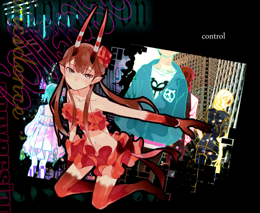 bare_shoulders, brown_hair, c_(control), c_the_money_of_soul_and_possibility_control, choker, flower, frills, gloves