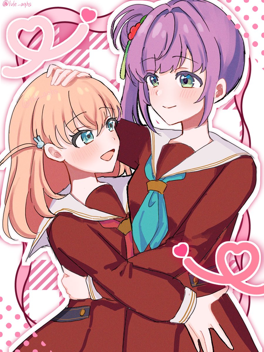 2girls, :d, aqua_eyes, aqua_neckerchief, bourei_(lvle_aqhs), brown_dress, cerise_bouquet, commentary