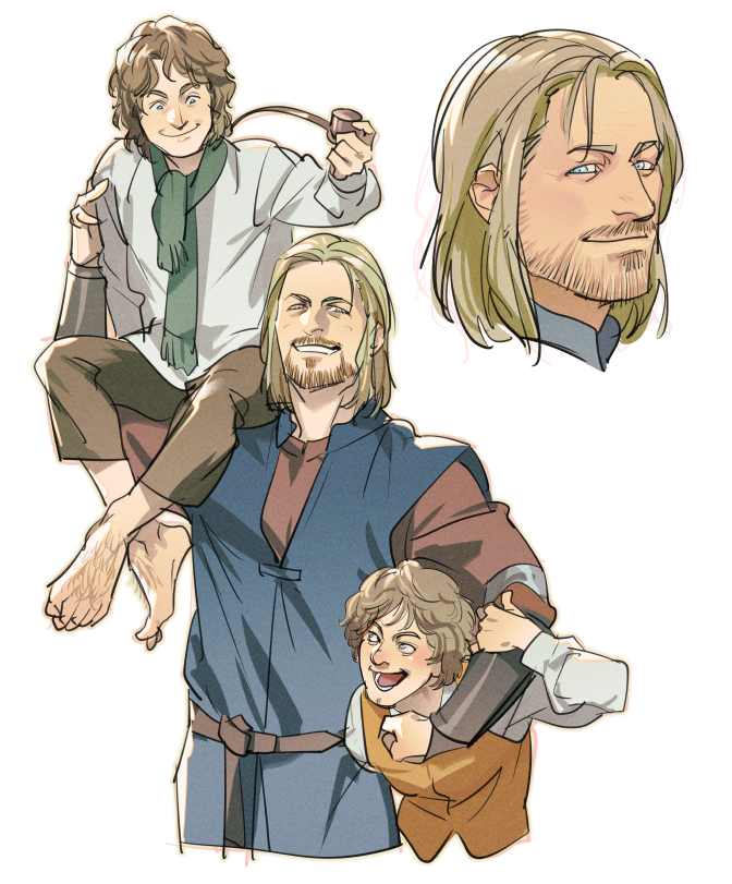 3boys, arm_around_neck, barefoot, beard, blonde_hair, blue_eyes, blue_tunic, boromir