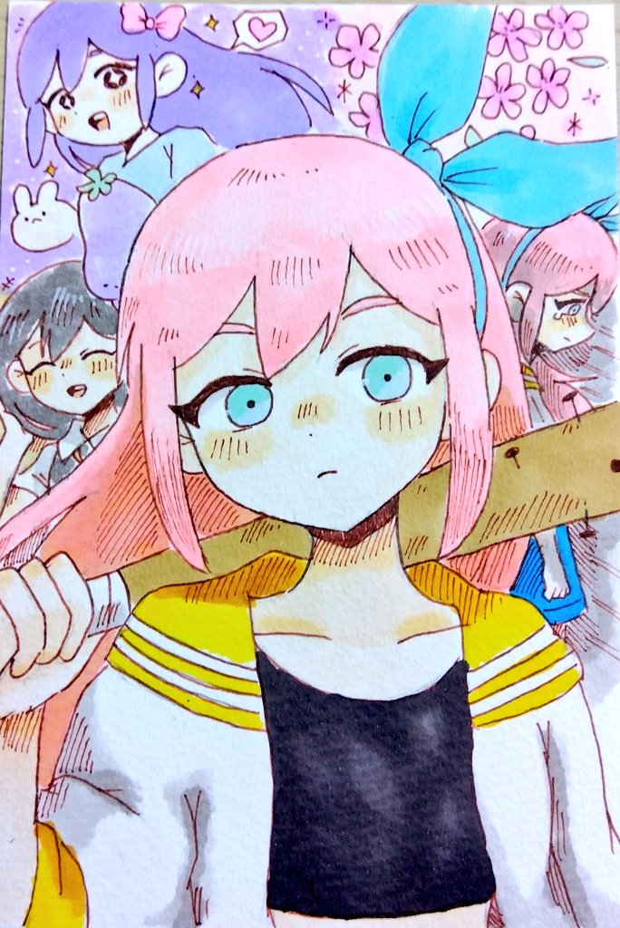 +_+, 2girls, aubrey_(faraway)_(omori), aubrey_(headspace)_(omori), aubrey_(omori), baseball_bat, blue_hairband, bow