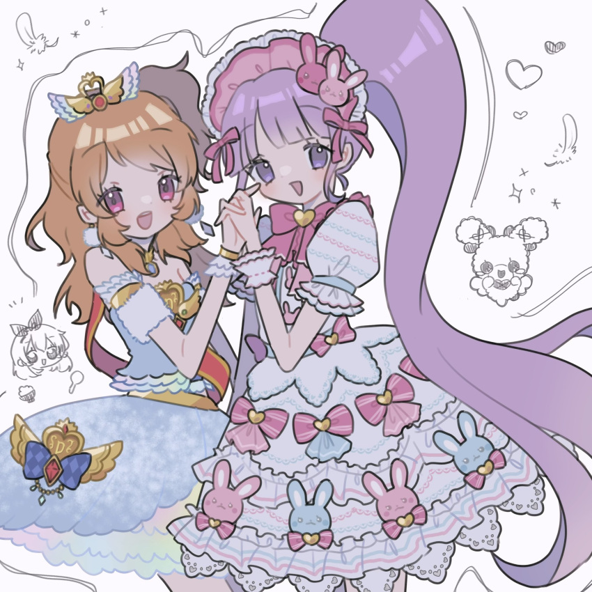 2girls, aikatsu!, aikatsu!_(series), ankle_ribbon, atat_karubi, blue_dress, blue_sleeves, blue_wrist_cuffs