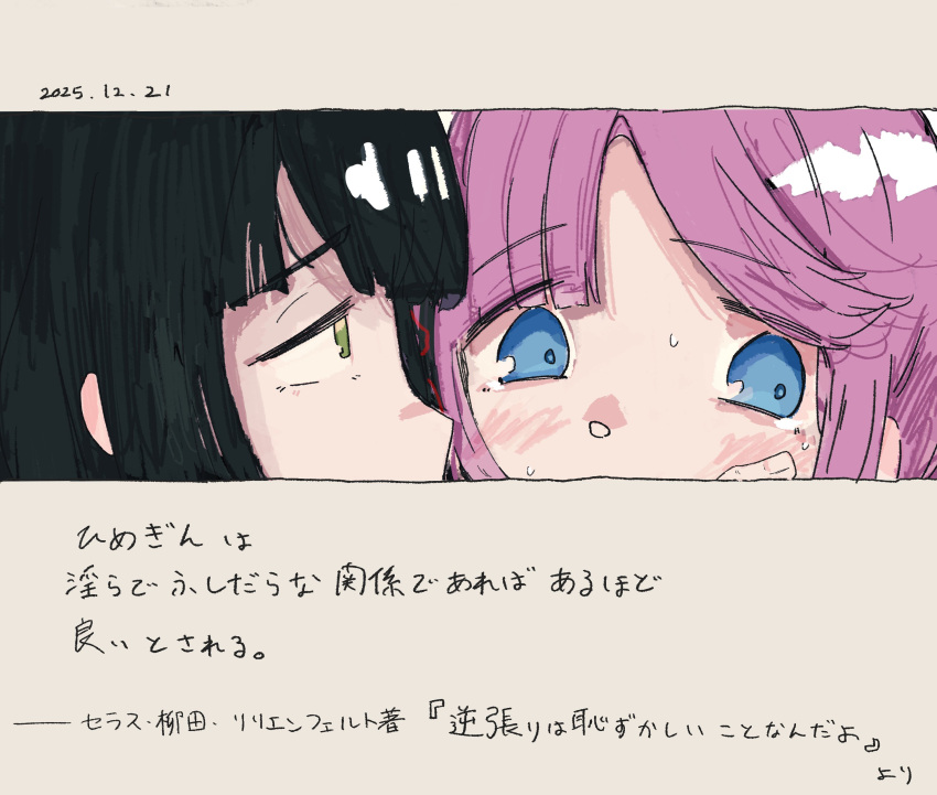 2girls, a_vabo., absurdres, anyoji_hime, averting_eyes, black_hair, blue_eyes, blush