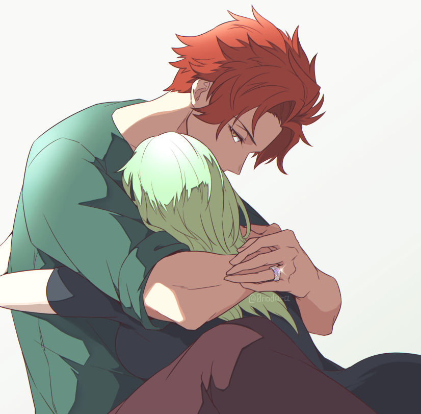 0nodera, 1boy, 1girl, brown_pants, commentary_request, female_byleth_(fire_emblem), fire_emblem, fire_emblem:_three_houses, glint, green_shirt, hetero, hug, jewelry, looking_at_viewer, pants, red_hair, ring, shirt, short_hair, sylvain_jose_gautier, sylvain_jose_gautier_(timeskip), white_background