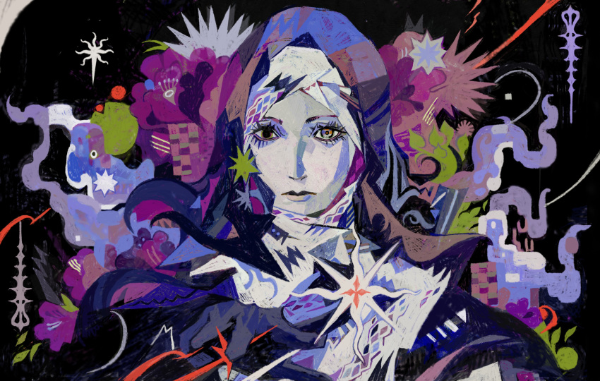 1girl, abstract_background, absurdres, black_capelet, black_hood, capelet, coif, elden_ring