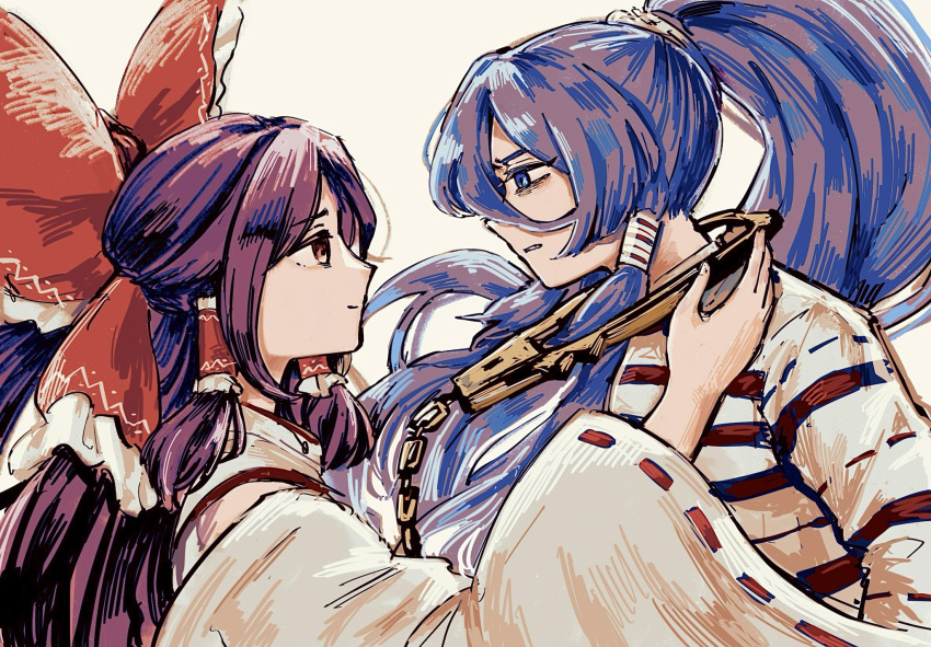 2girls, blue_eyes, blue_hair, commentary_request, cuffs, detached_sleeves, face-to-face, gensokyo's_first_hakurei_miko
